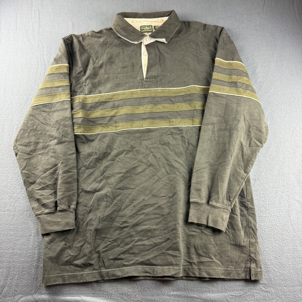 Vintage LL Bean Rugby Shirt Men's XLT Gray Green Striped Jersey Heavy Cotton Y2K